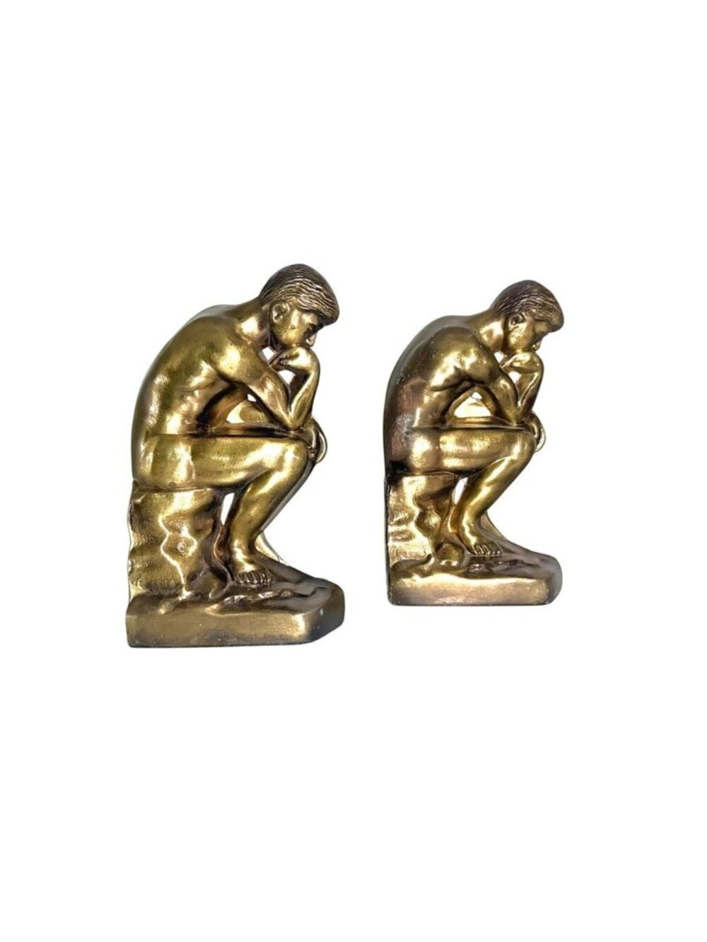 Vintage The Thinker Bookends Cast Metal Gold Finish 6" Tall Pair
